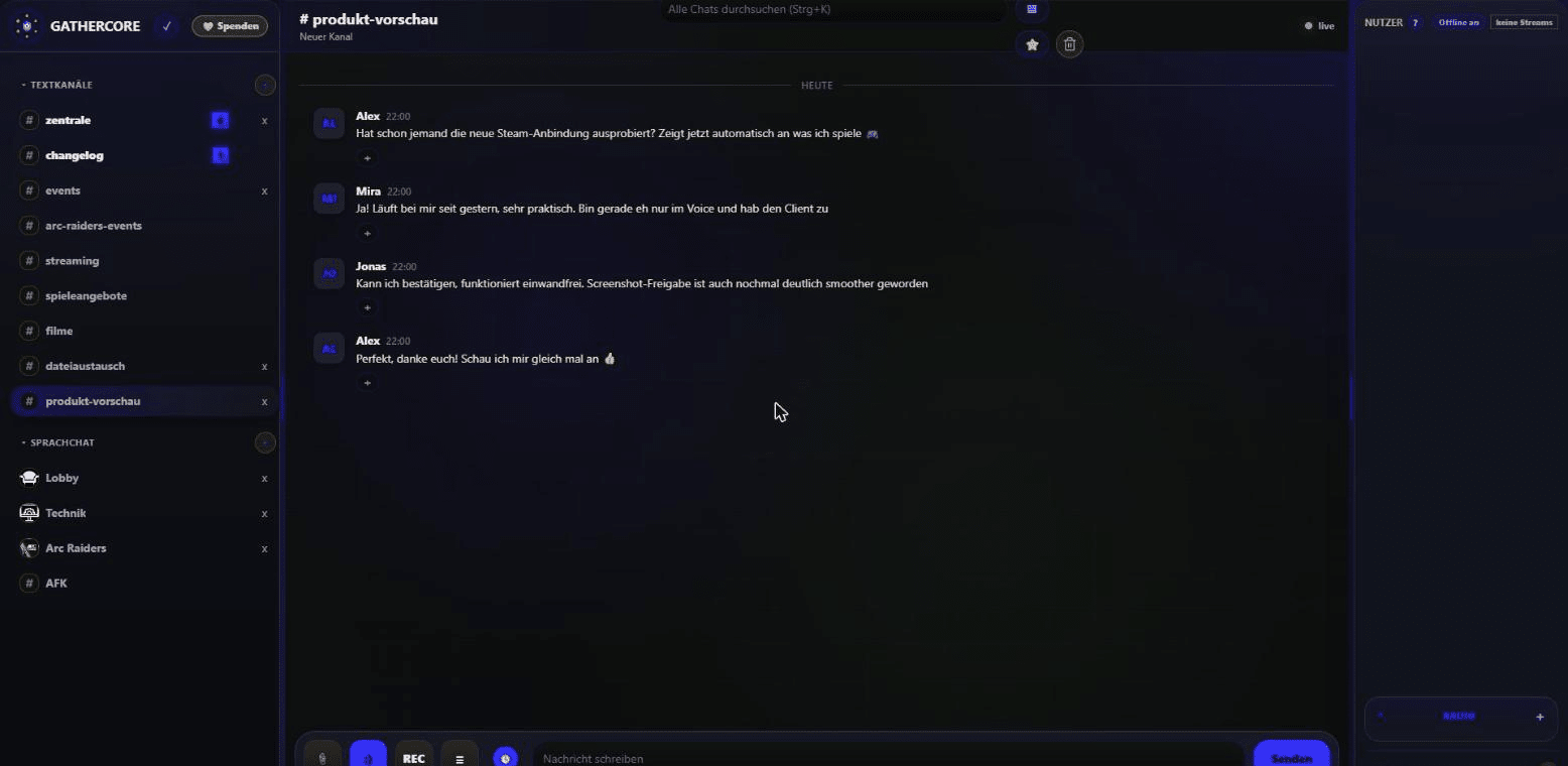 Real screenshot of the GatherCore interface: channel list and chat history